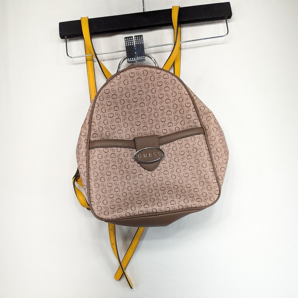 Guess Mini Backpack Tan Monogram Logo Yellow Straps Faux Leather Small Bag Chic